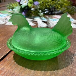 Glass Hen On Nest Candy Dish Frosted Lime